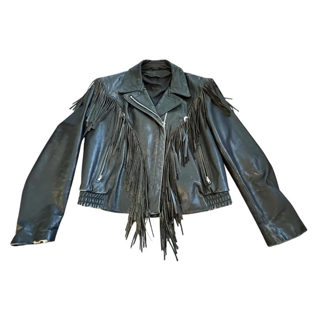 Womens Vintage Harley Davidson Black Leather Fringe Motorcycle Biker Jacket 14 - Picture 2 of 16